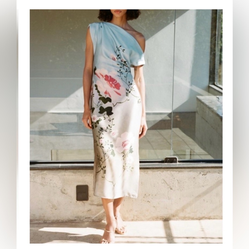 Zara Off Shoulder Dress in Blue and Pink Floral